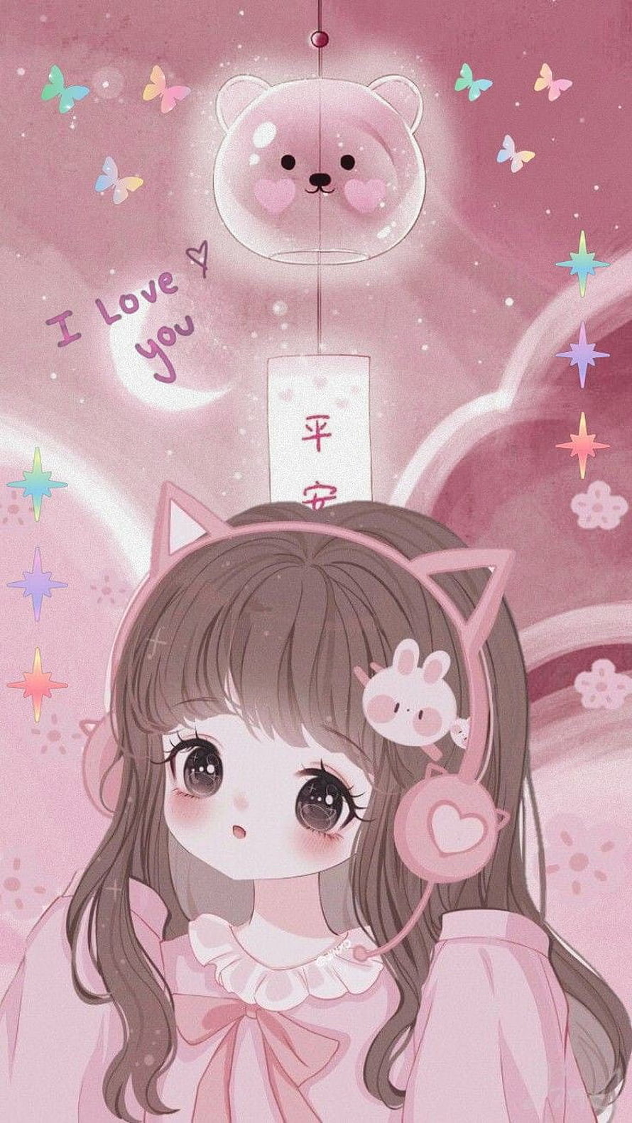 Cute Anime Girl With Pink Cat Ears Headphones And Floating Bear Lantern HD phone wallpaper