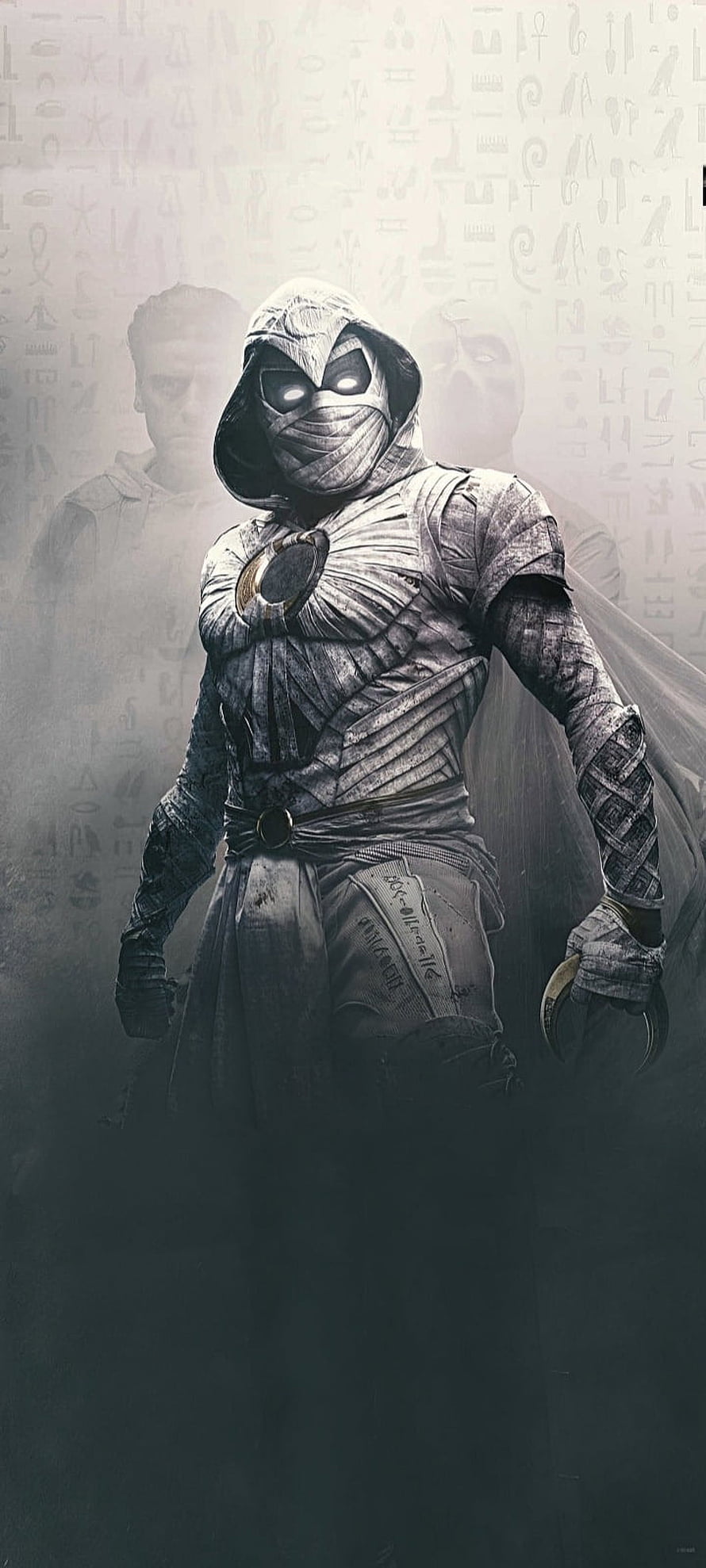 Moon Knight in Mummy Wraps Concept Art with Glowing Eyes and Egyptian Hieroglyphs HD phone wallpaper