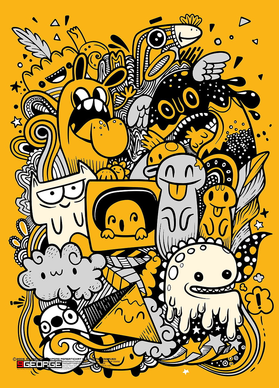 Sponge Pongtichat 3George Yellow Black White Cartoon Doodle Art Illustration HD phone wallpaper