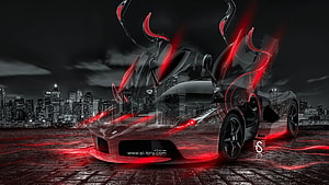 Black Ferrari LaFerrari with glowing red accents and open doors against a dark city skyline HD wallpaper