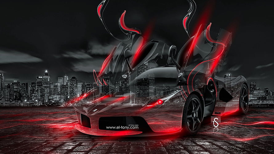 Black Ferrari LaFerrari with glowing red accents and open doors against a dark city skyline HD wallpaper
