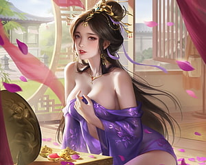 Beautiful Anime Woman in Purple Hanfu Sitting by Window with Falling Petals, Fantasy girl, Asian, Girl, Beauty, Princess HD wallpaper
