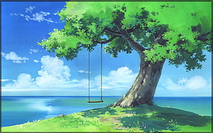 Serene Watercolor Illustration of a Tree with a Swing by the Ocean HD wallpaper
