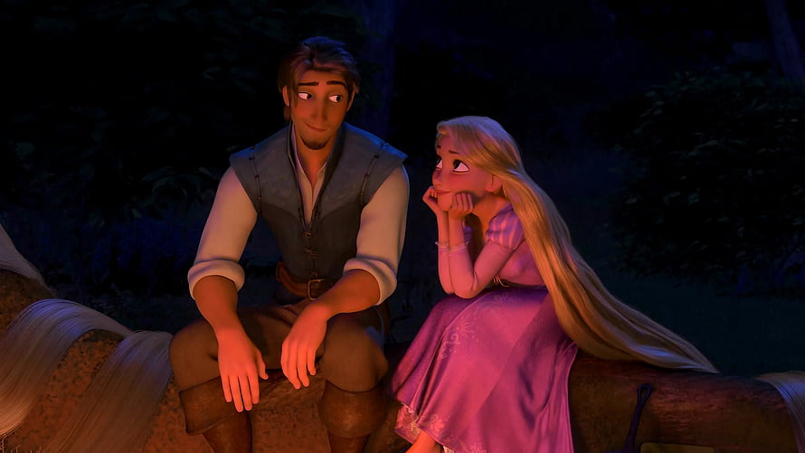 Rapunzel and Flynn Rider sharing a quiet moment by the firelight in Tangled HD wallpaper