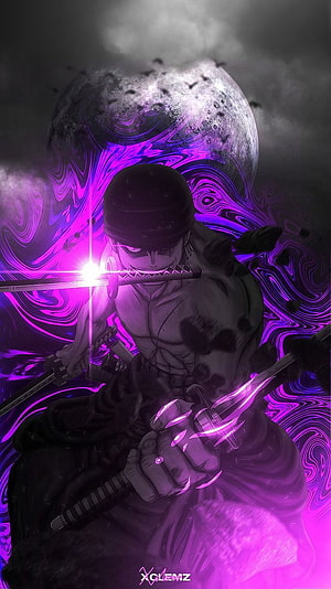 Zoro Wielding Three Swords With Purple Aura And Moon Background Anime Wallpaper HD phone wallpaper