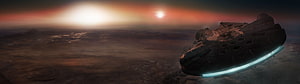 Massive Sci-Fi Spaceship Hovering Over Alien Planet Landscape At Sunset HD wallpaper