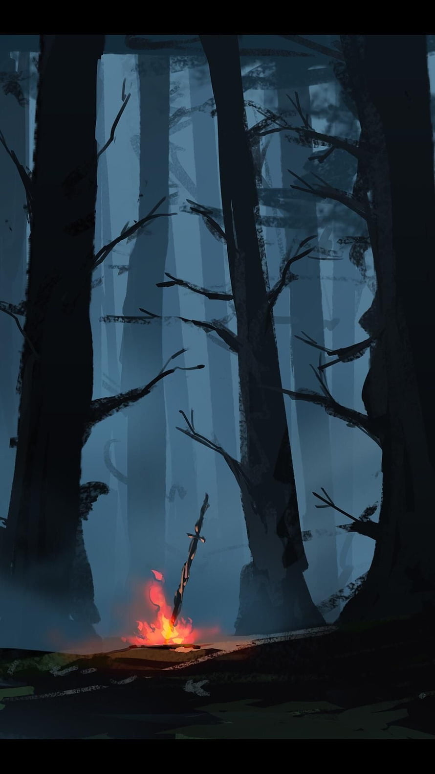 Dark Souls Bonfire Scene in a Misty Dark Forest with Minimalist Digital Art Style HD phone wallpaper