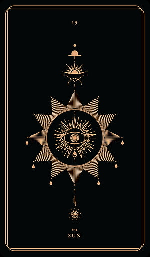 The Sun Tarot Card Minimalist Line Art with Golden Eye and Celestial Symbols on Black Background HD phone wallpaper
