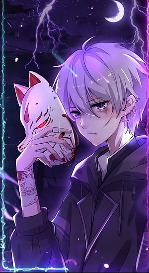Silver-Haired Anime Boy Holding a Blood-Stained Fox Mask Under a Stormy Moonlit Sky HD phone wallpaper