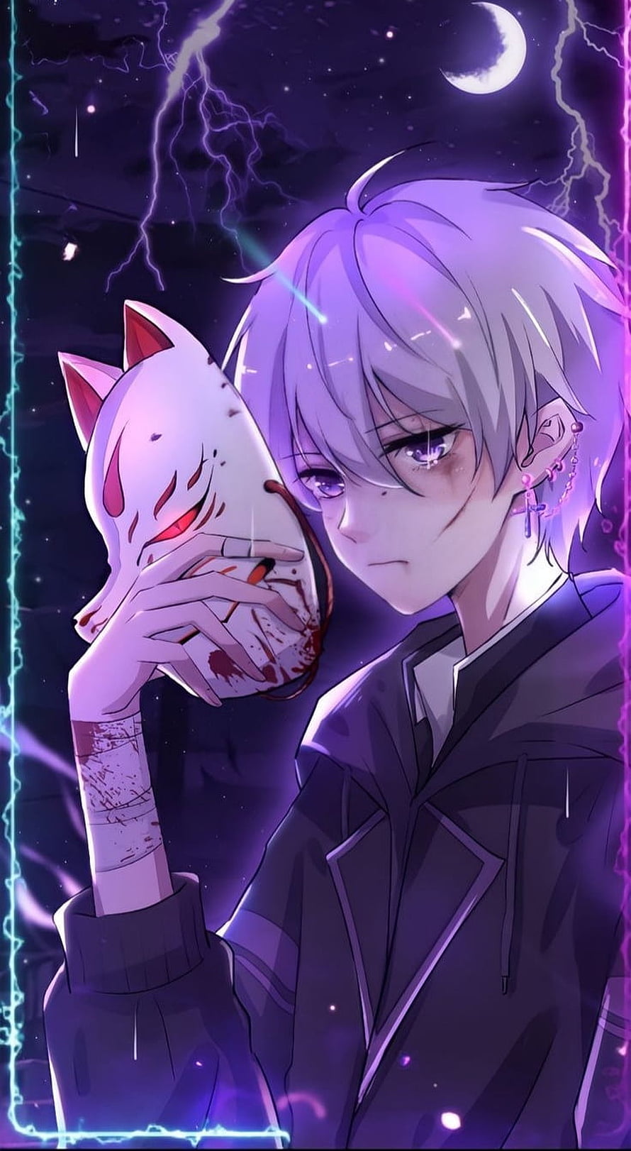 Silver-Haired Anime Boy Holding a Blood-Stained Fox Mask Under a Stormy Moonlit Sky HD phone wallpaper