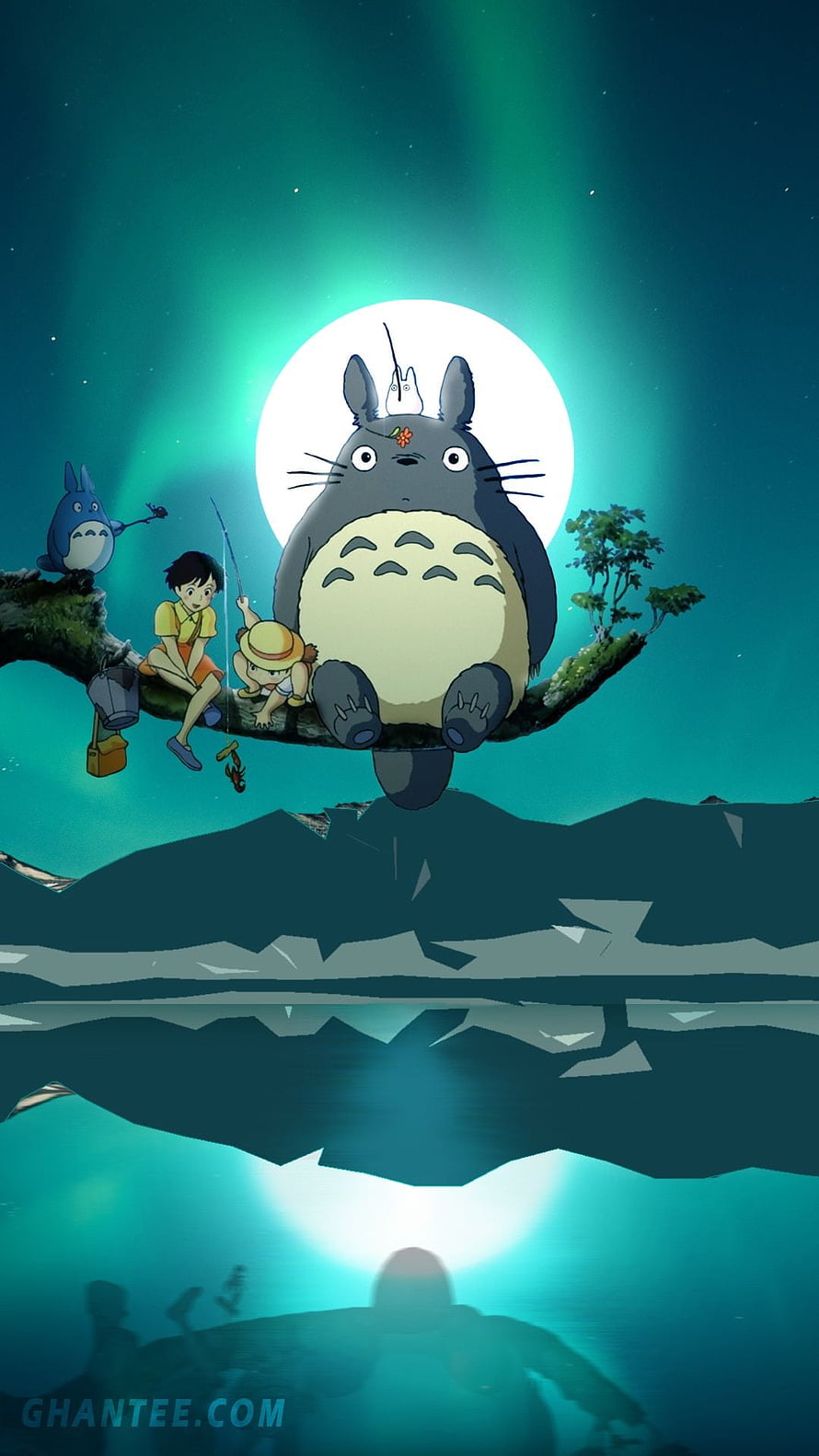 Totoro and children sitting on a floating branch under a glowing full moon with aurora reflections in the water HD phone wallpaper