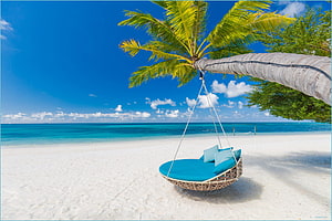 Tropical Paradise: Blue Hanging Chair Under Palm Tree on White Sandy Beach HD wallpaper