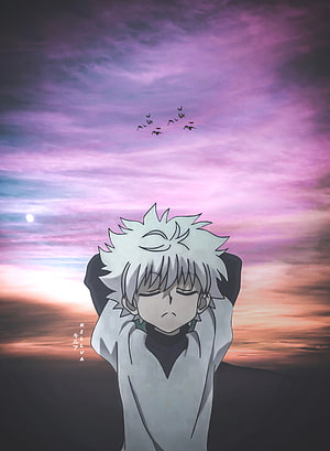 Killua Zoldyck from Hunter x Hunter relaxing with hands behind head against a purple sunset sky with birds HD phone wallpaper