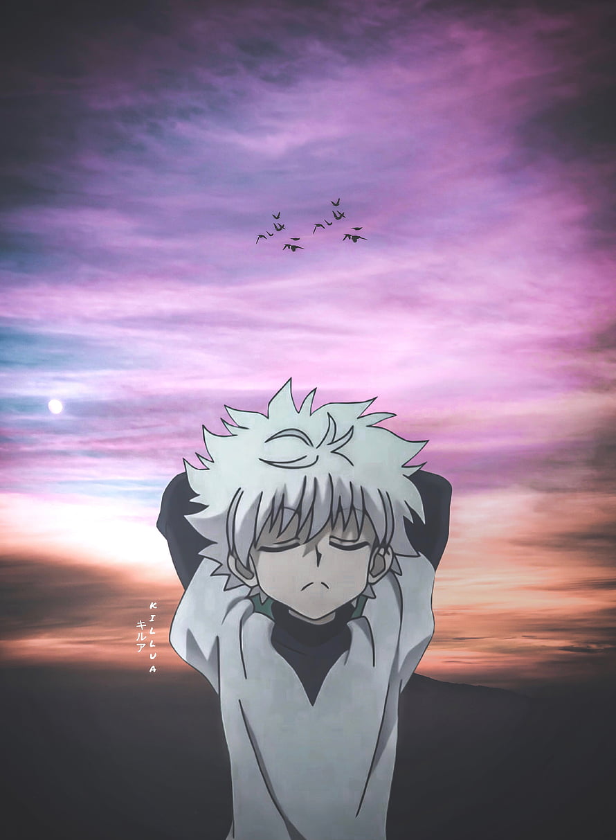 Killua Zoldyck from Hunter x Hunter relaxing with hands behind head against a purple sunset sky with birds HD phone wallpaper