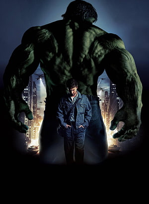 The Incredible Hulk Movie Poster Featuring Bruce Banner and the Green Giant in a Cityscape HD phone wallpaper