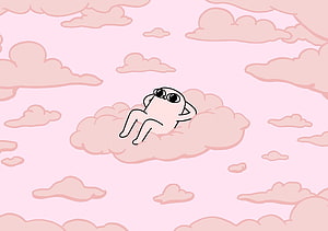 Cute Alien Character Relaxing on Pink Clouds in a Dreamy Sky HD wallpaper