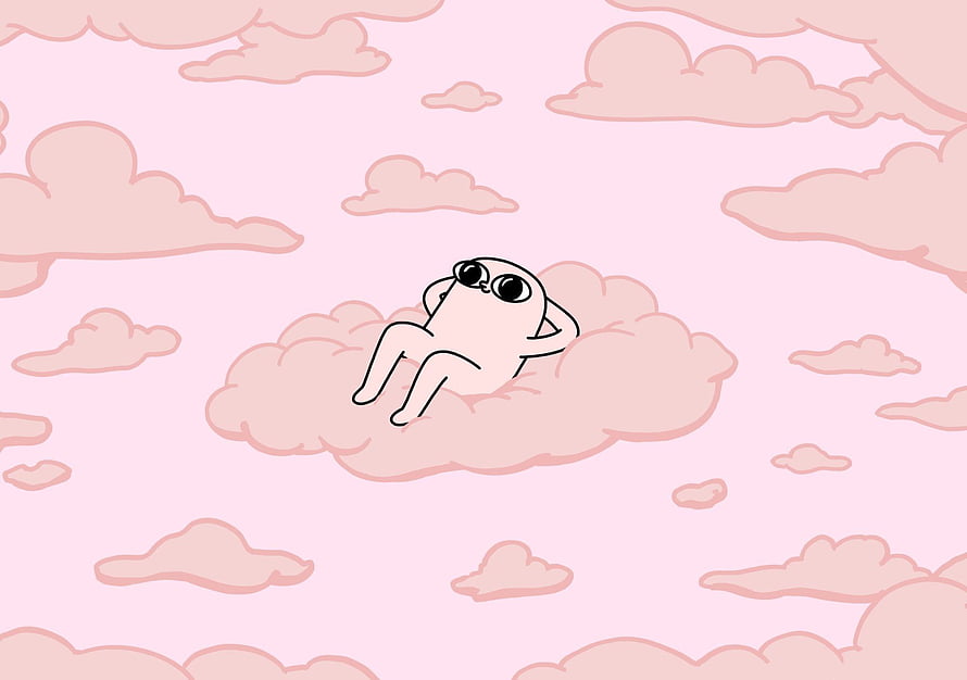 Cute Alien Character Relaxing on Pink Clouds in a Dreamy Sky HD wallpaper