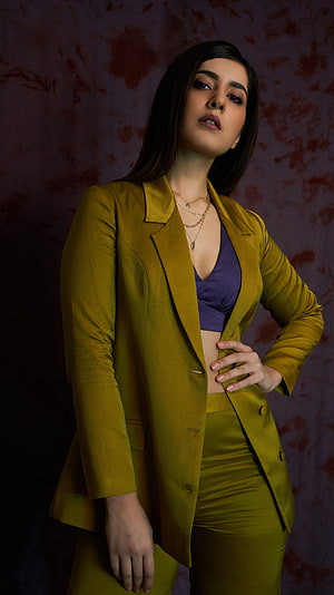 Rashi Khanna in a mustard blazer and matching trousers with a purple crop top HD phone wallpaper