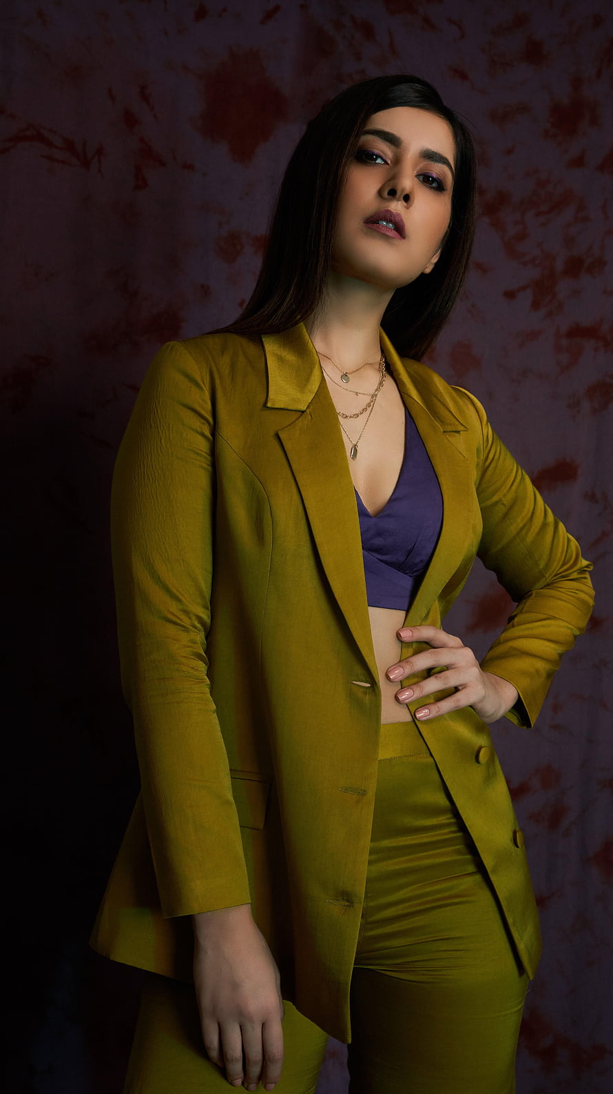 Rashi Khanna in a mustard blazer and matching trousers with a purple crop top HD phone wallpaper