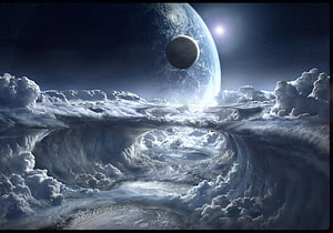 Majestic Cloud Tunnel with Giant Planet and Moon in Space HD wallpaper