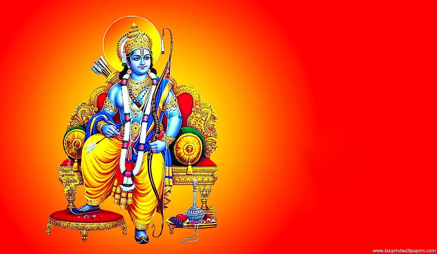 Lord Rama Seated on Ornate Throne with Bow and Arrows on Vibrant Red Background HD wallpaper