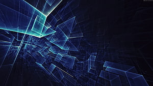 Abstract Geometric Glass Shards with Neon Blue Glow on Dark Background HD wallpaper