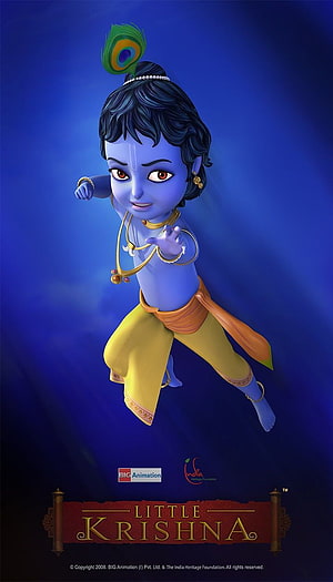 Little Krishna 3D Animated Character with Peacock Feather on Deep Blue Background HD phone wallpaper