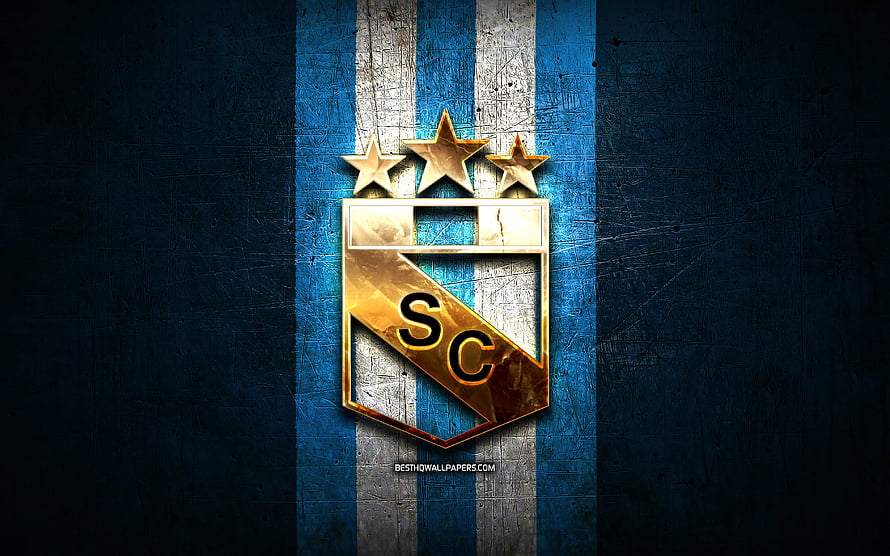 Sporting Cristal FC Golden Crest Emblem on Textured Blue and White Striped Background HD wallpaper
