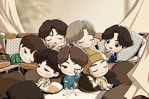 Chibi BTS Members Relaxing Together in Cozy Bedroom Illustration HD wallpaper
