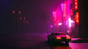 Neon-lit retro car parked on a foggy street at night with vibrant pink and purple city lights HD wallpaper