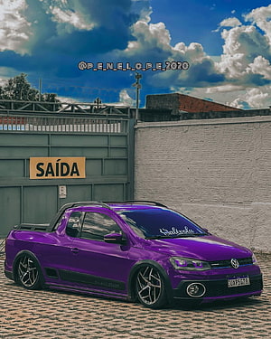 Purple Volkswagen Saveiro Cross Pickup with Custom Stance and Alloy Wheels HD phone wallpaper
