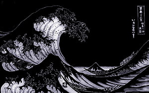 The Great Wave off Kanagawa by Hokusai - Black and White Woodblock Print HD wallpaper