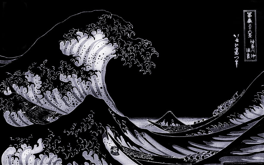 The Great Wave off Kanagawa by Hokusai - Black and White Woodblock Print HD wallpaper