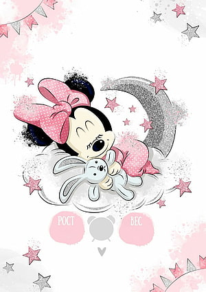 Baby Minnie Mouse Sleeping on a Crescent Moon with a White Bunny HD phone wallpaper