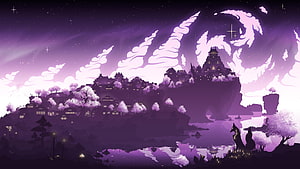 Mystical Purple Castle on Cliff with Fox Silhouette and Starry Night Sky HD wallpaper