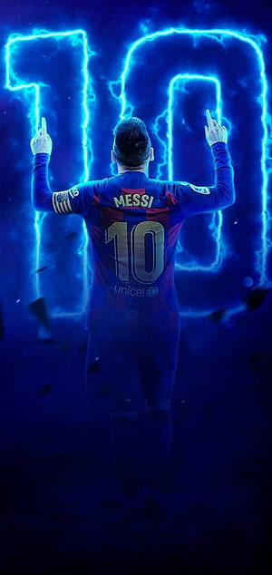 Lionel Messi FC Barcelona Number 10 Electric Blue Lightning Celebration Wallpaper HD phone wallpaper