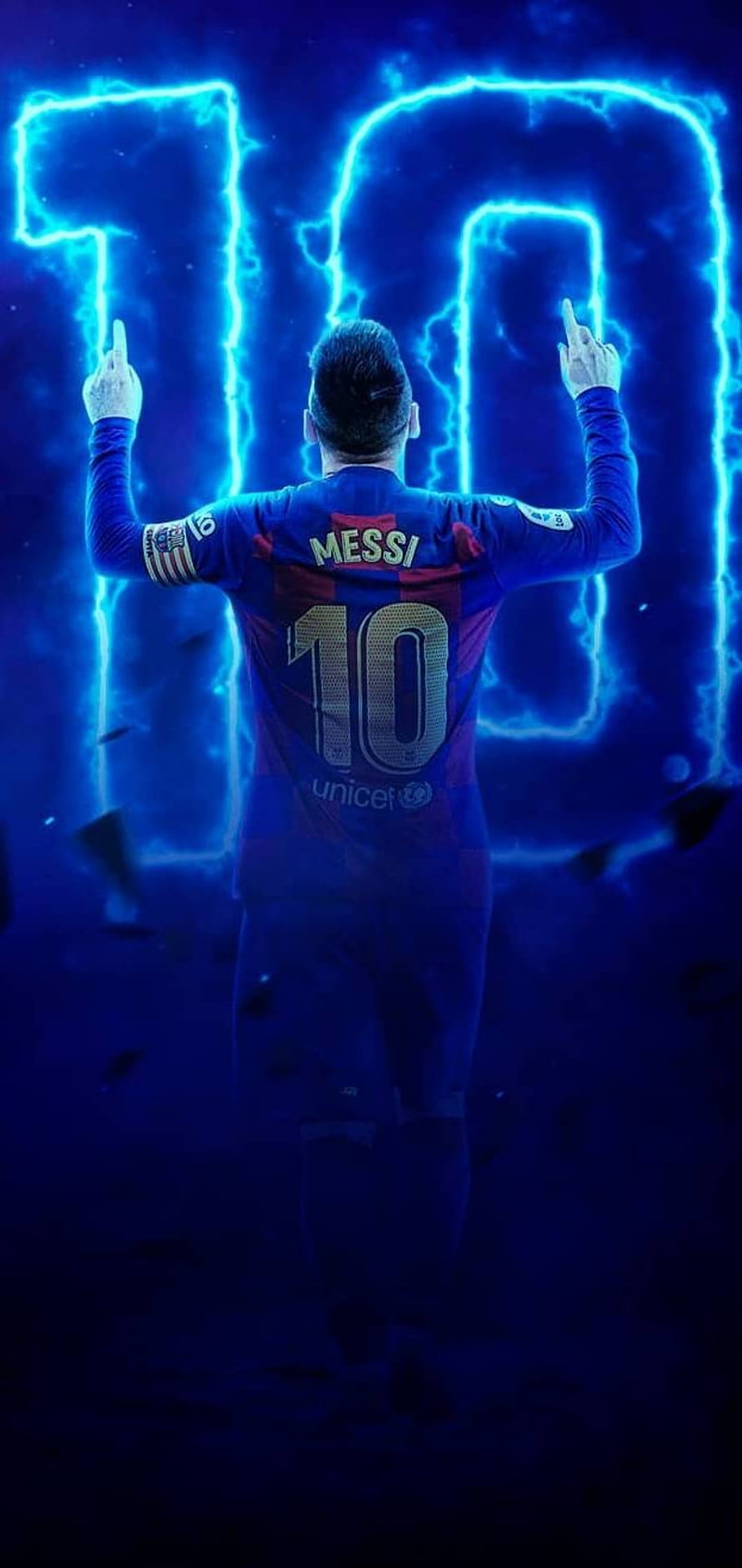 Lionel Messi FC Barcelona Number 10 Electric Blue Lightning Celebration Wallpaper HD phone wallpaper