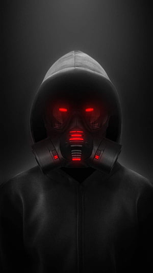 Menacing Hooded Figure Wearing Futuristic Gas Mask with Glowing Red Eyes HD phone wallpaper
