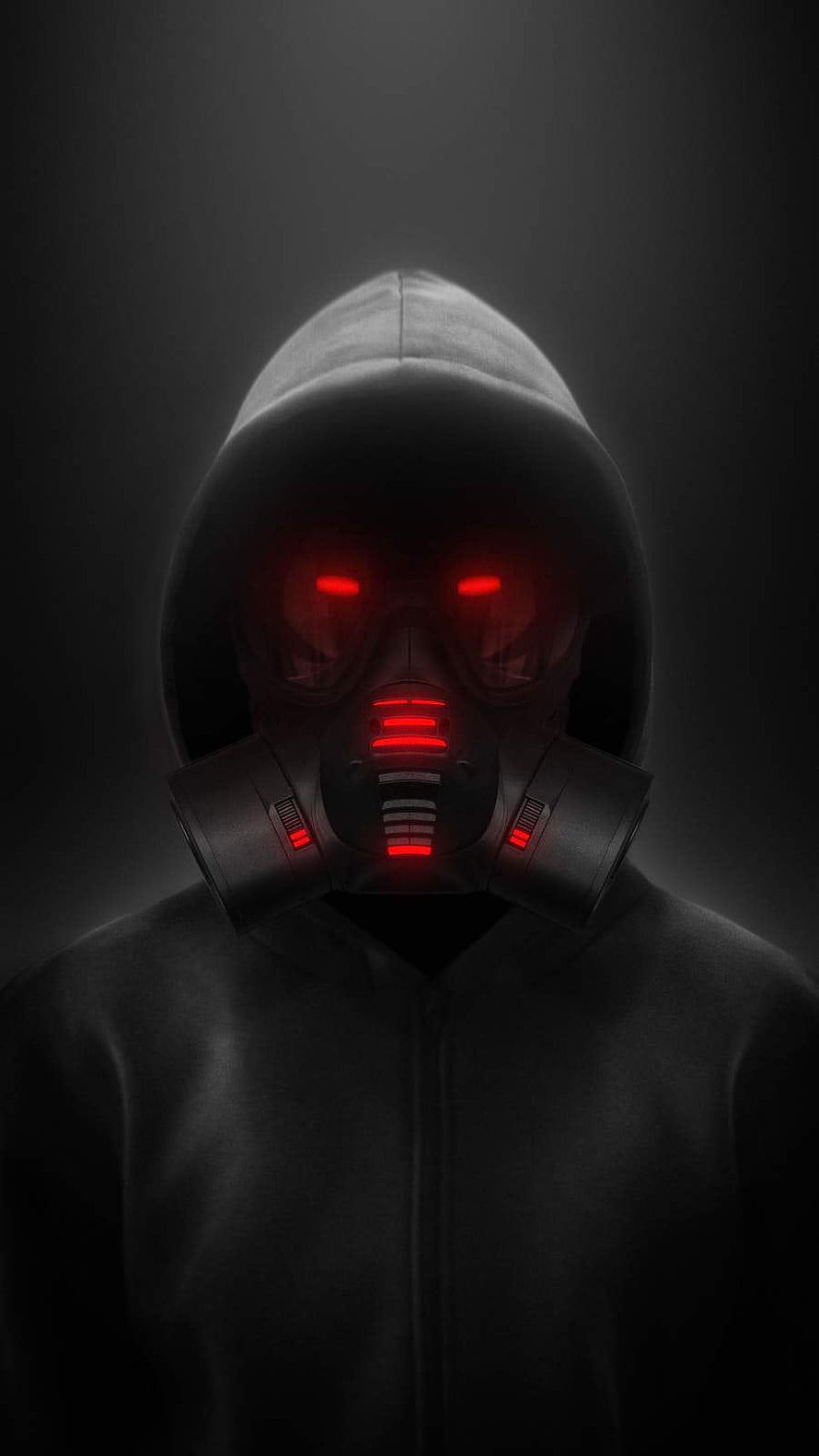 Menacing Hooded Figure Wearing Futuristic Gas Mask with Glowing Red Eyes HD phone wallpaper