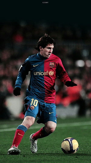 Lionel Messi in FC Barcelona Kit Dribbling Soccer Ball on Pitch HD phone wallpaper