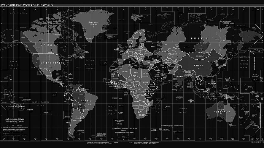 Monochrome World Time Zones Map with Country Borders and Ocean Labels HD wallpaper