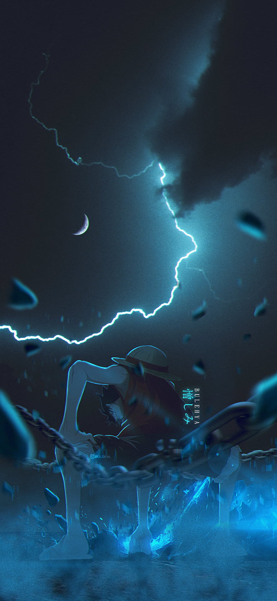 Monkey D. Luffy kneeling in chains under a stormy sky with lightning and a crescent moon HD phone wallpaper