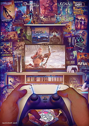 PlayStation 5 Gaming Setup Featuring Horizon Forbidden West and Game Library Wall HD phone wallpaper