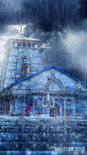 Kedarnath Temple in Dramatic Rain with Shiva Trishul and Stormy Sky HD phone wallpaper