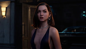 Ana de Armas in a dark evening gown with jewelry on a dimly lit city street at night HD wallpaper