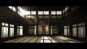 The Matrix Dojo Interior with Traditional Japanese Architecture and Calligraphy HD wallpaper