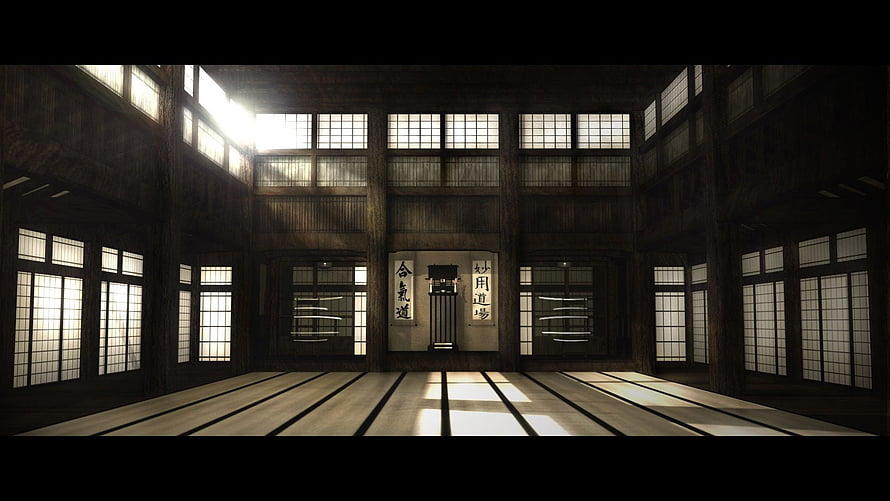 The Matrix Dojo Interior with Traditional Japanese Architecture and Calligraphy HD wallpaper
