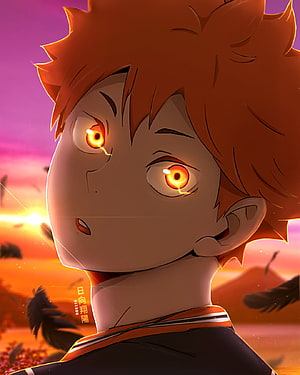 Shoyo Hinata from Haikyuu with glowing orange eyes against a dramatic sunset sky HD phone wallpaper