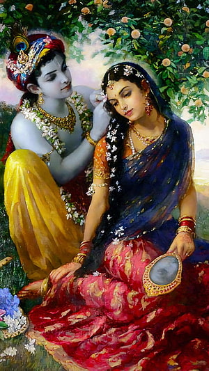 Radha and Krishna Painting - Romantic Indian Mythology Art with Peacock Feather Crown, Radha Krishna, Radha Krishna Love, Raslila HD phone wallpaper