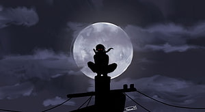 Silhouette of anime character with glowing red eyes sitting on rooftop against full moon HD wallpaper